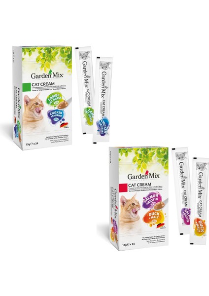 4 Çeşit Garden Mıx Kedi Kreması Xxl Tavuk+Kuzu+Somon+Ördek 15GR x 48 Adet