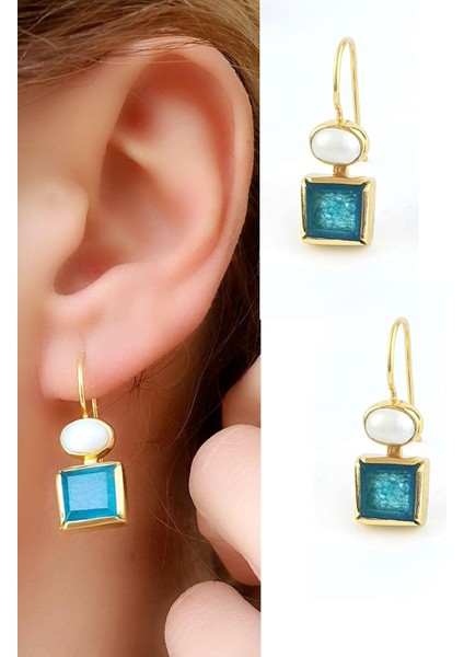 Inci ve Mavi Kuvars Taşlı 925AYAR Gümüş Üzerine Altın Kaplama Tasarım Doğal Taş Küpe