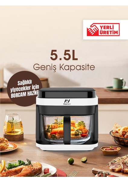 Sağlıklı Cam Hazne, Dokunmatik Kontrollü, Çift Kulp, Kolay Temizlenen Airfryer & Fritöz 1200W