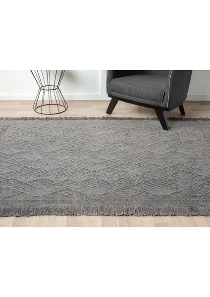 Antique Prm Grey - Dört Tarafı Saçaklı Pamuklu Yıkanabilir Kilim  Yazlık Dekoratif Hediye