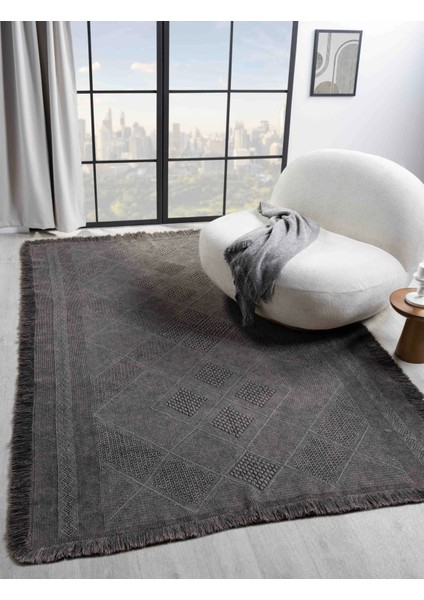 Antique Spt Antrasit Grey - Dört Tarafı Saçaklı Pamuklu Yıkanabilir Kilim Yazlık Dekoratif Hediye