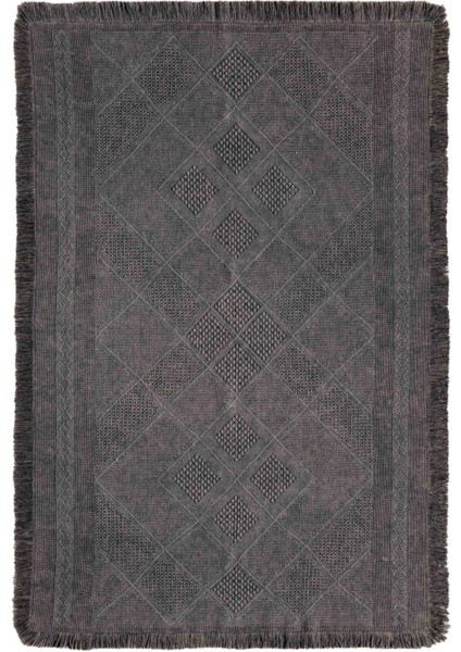 Antique Spt Antrasit Grey - Dört Tarafı Saçaklı Pamuklu Yıkanabilir Kilim Yazlık Dekoratif Hediye