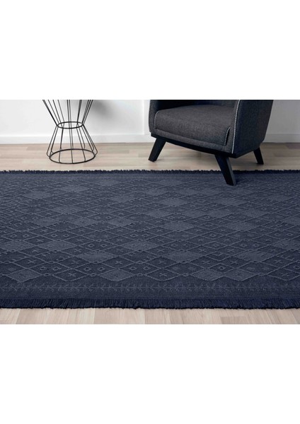 Antique Prm Dark Blue - Dört Tarafı Saçaklı Pamuklu Yıkanabilir Kilim  Yazlık Dekoratif Hediye