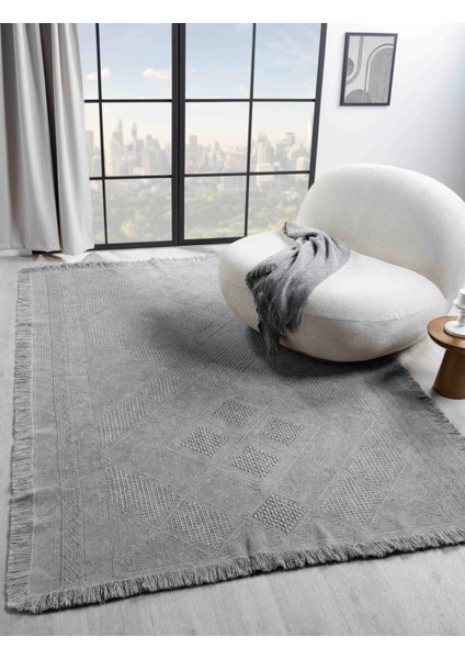 Antique Spt Grey - Dört Tarafı Saçaklı Pamuklu Yıkanabilir Kilim Yazlık Dekoratif Hediye