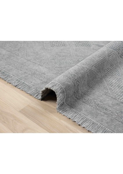 Antique Spt Grey - Dört Tarafı Saçaklı Pamuklu Yıkanabilir Kilim Yazlık Dekoratif Hediye