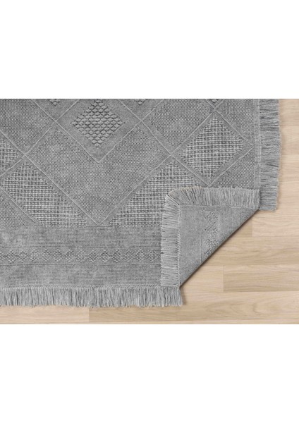 Antique Spt Grey - Dört Tarafı Saçaklı Pamuklu Yıkanabilir Kilim Yazlık Dekoratif Hediye