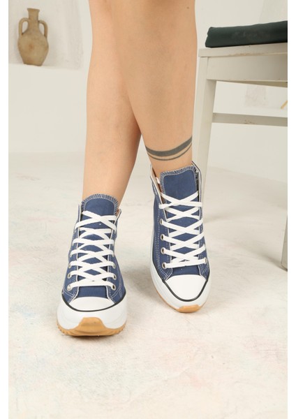 Bağcıklı Kadın Kalın Tabanlı Keten Spor Sneaker Ayakkabı-Mavi