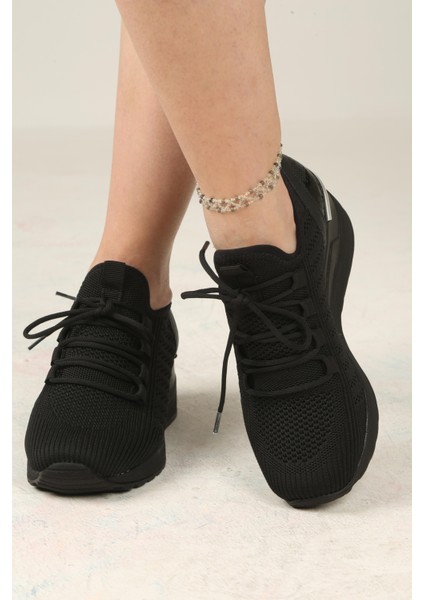 Kadın Bağcıklı Triko Dolgu Topuklu Sneaker-Siyah