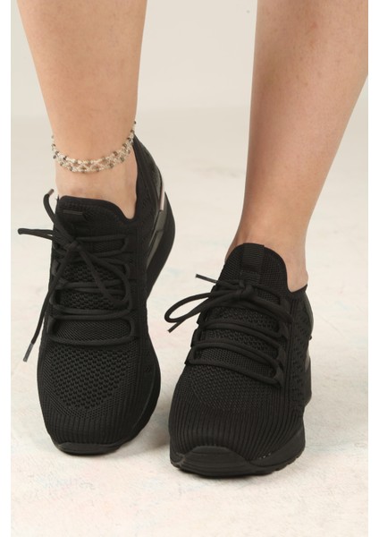Kadın Bağcıklı Triko Dolgu Topuklu Sneaker-Siyah