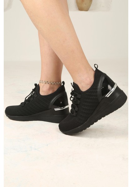 Kadın Bağcıklı Triko Dolgu Topuklu Sneaker-Siyah