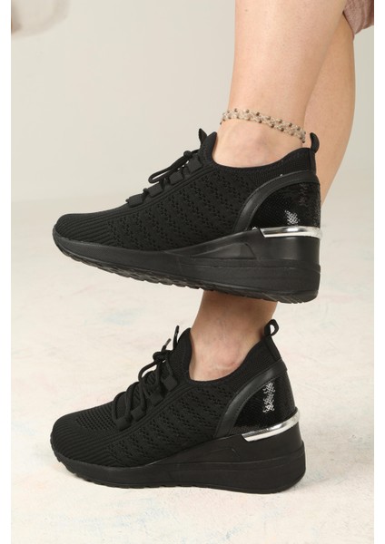 Kadın Bağcıklı Triko Dolgu Topuklu Sneaker-Siyah