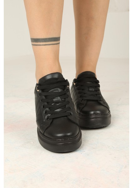 Kadın Bağcıklı Spor Sneaker Ayakkabı-Siyah