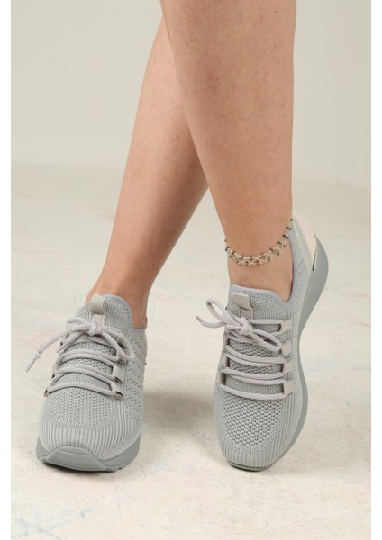 Kadın Bağcıklı Triko Dolgu Topuklu Sneaker-Füme
