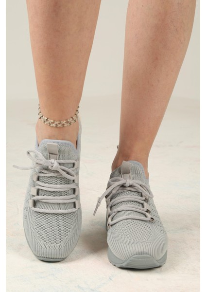 Kadın Bağcıklı Triko Dolgu Topuklu Sneaker-Füme fiyatları