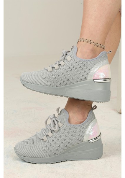 Kadın Bağcıklı Triko Dolgu Topuklu Sneaker-Füme indirimleri