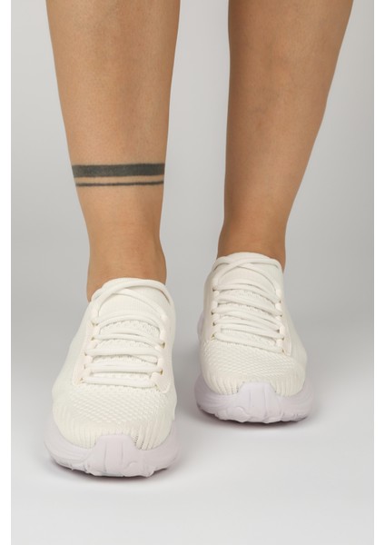 Kadın Bağcıkl Triko Spor Sneaker Ayakkabı-Beyaz