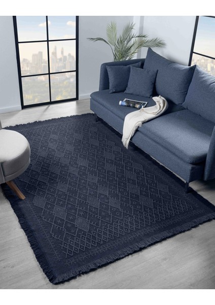 Antique Prm Dark Blue - Dört Tarafı Saçaklı Pamuklu Yıkanabilir Kilim Yazlık Dekoratif Hediye