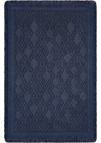 Antique Prm Dark Blue - Dört Tarafı Saçaklı Pamuklu Yıkanabilir Kilim Yazlık Dekoratif Hediye