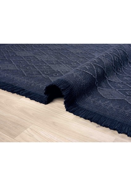 Antique Prm Dark Blue - Dört Tarafı Saçaklı Pamuklu Yıkanabilir Kilim Yazlık Dekoratif Hediye