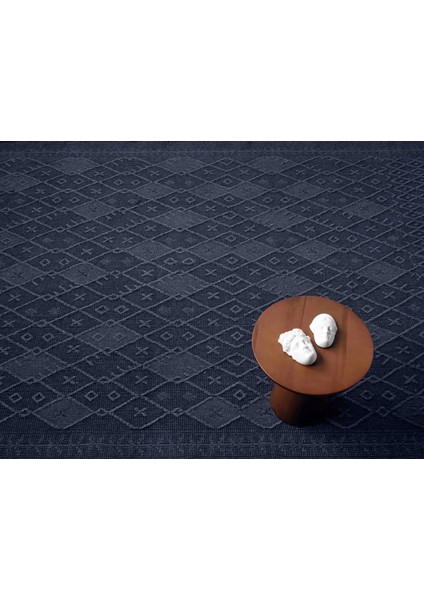 Antique Prm Dark Blue - Dört Tarafı Saçaklı Pamuklu Yıkanabilir Kilim Yazlık Dekoratif Hediye