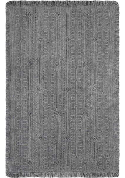 Antique Trk Grey - Dört Tarafı Saçaklı Pamuklu Yıkanabilir Kilim  Yazlık Dekoratif Hediye