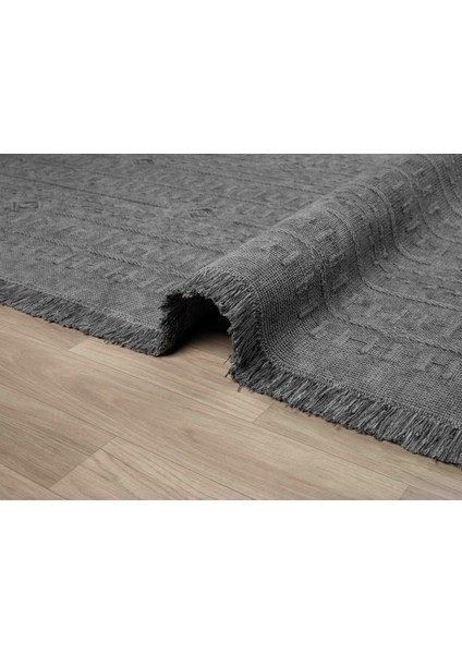 Antique Trk Grey - Dört Tarafı Saçaklı Pamuklu Yıkanabilir Kilim  Yazlık Dekoratif Hediye