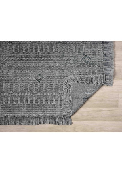 Antique Trk Grey - Dört Tarafı Saçaklı Pamuklu Yıkanabilir Kilim  Yazlık Dekoratif Hediye