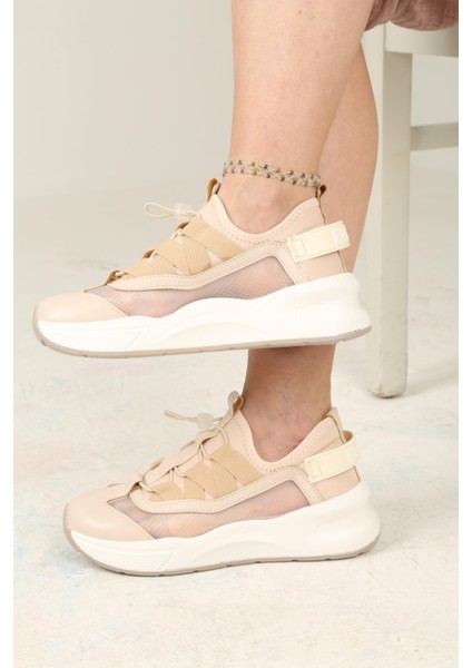 Kadın Bağcıklı Spor Sneaker-Bej fırsatları