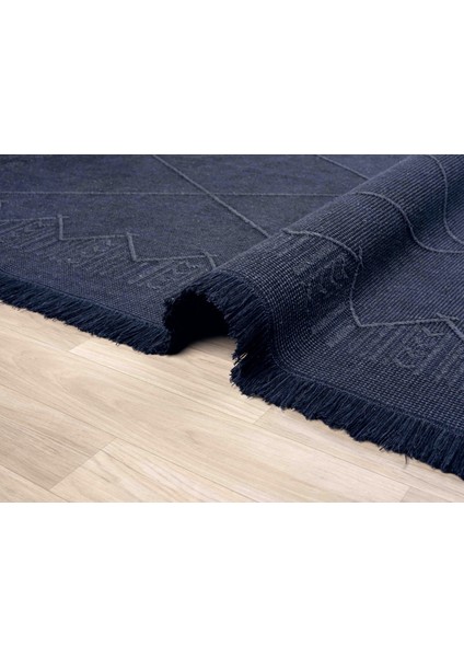 Antique Mnc Dark Blue - Dört Tarafı Saçaklı Pamuklu Yıkanabilir Kilim  Yazlık Dekoratif Hediye