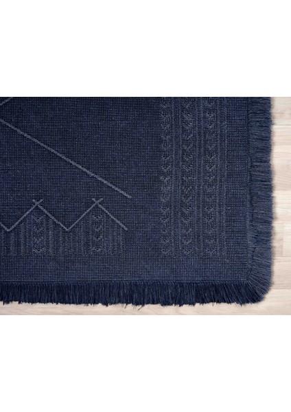 Antique Mnc Dark Blue - Dört Tarafı Saçaklı Pamuklu Yıkanabilir Kilim  Yazlık Dekoratif Hediye