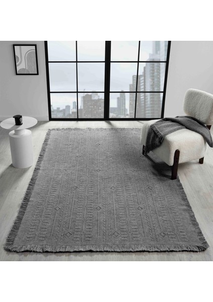 Antique Trk Grey - Dört Tarafı Saçaklı Pamuklu Yıkanabilir Kilim Yazlık Dekoratif Hediye