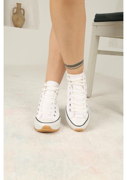 Bağcıklı Kadın Kalın Tabanlı Keten Spor Sneaker Ayakkabı-Beyaz
