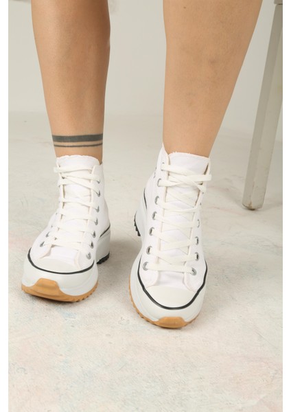 Bağcıklı Kadın Kalın Tabanlı Keten Spor Sneaker Ayakkabı-Beyaz fiyatları