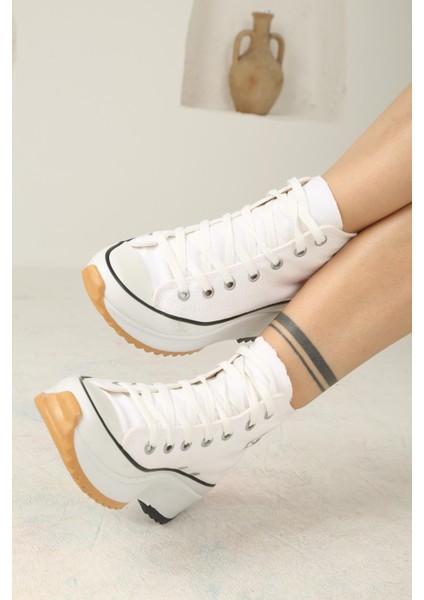 Bağcıklı Kadın Kalın Tabanlı Keten Spor Sneaker Ayakkabı-Beyaz modelleri