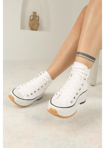Bağcıklı Kadın Kalın Tabanlı Keten Spor Sneaker Ayakkabı-Beyaz fırsatları