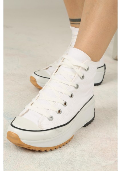 Bağcıklı Kadın Kalın Tabanlı Keten Spor Sneaker Ayakkabı-Beyaz indirimleri