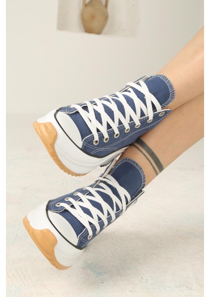 Bağcıklı Kadın Kalın Tabanlı Keten Spor Sneaker Ayakkabı-Mavi modelleri