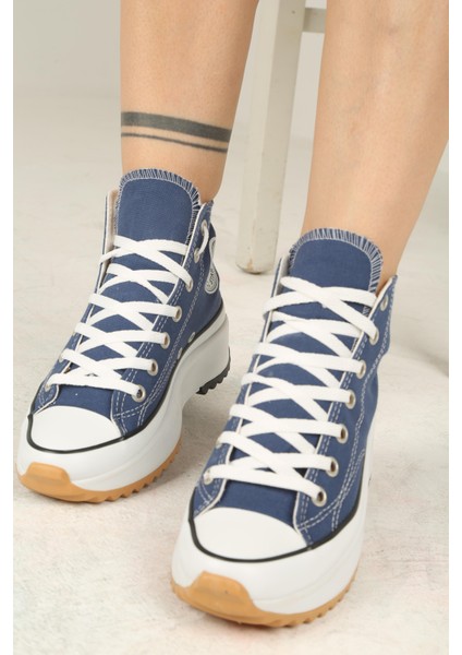 Bağcıklı Kadın Kalın Tabanlı Keten Spor Sneaker Ayakkabı-Mavi fırsatları