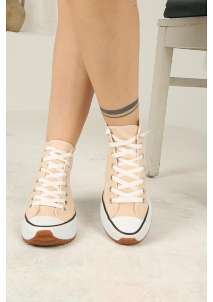 Bağcıklı Kadın Kalın Tabanlı Keten Spor Sneaker Ayakkabı-Pembe