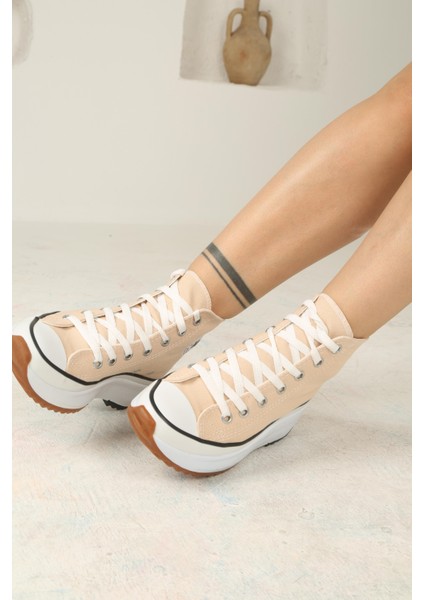 Bağcıklı Kadın Kalın Tabanlı Keten Spor Sneaker Ayakkabı-Pembe modelleri
