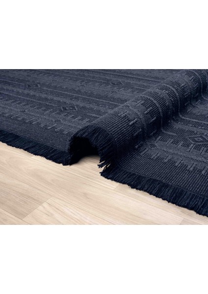 Antique Trk Dark Blue - Dört Tarafı Saçaklı Pamuklu Yıkanabilir Kilim Yazlık Dekoratif Hediye