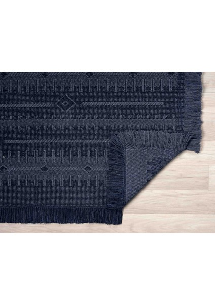 Antique Trk Dark Blue - Dört Tarafı Saçaklı Pamuklu Yıkanabilir Kilim Yazlık Dekoratif Hediye