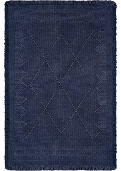 Antique Mnc Dark Blue - Dört Tarafı Saçaklı Pamuklu Yıkanabilir Kilim Yazlık Dekoratif Hediye