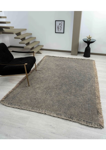 Antique Spt Stone - Dört Tarafı Saçaklı Pamuklu Yıkanabilir Kilim Yazlık Dekoratif Hediye