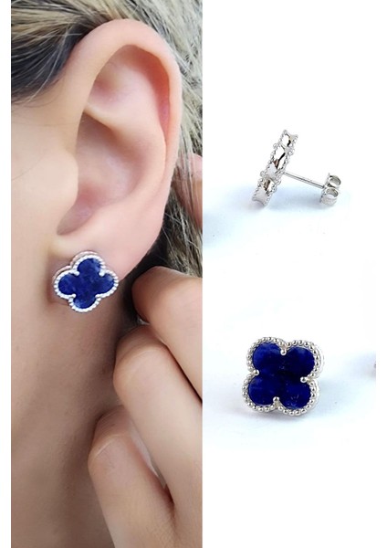 Sodalit TAŞLI 925AYAR Gümüş Tasarım Italyan Tasarımı Yonca Küpe Özel Seri