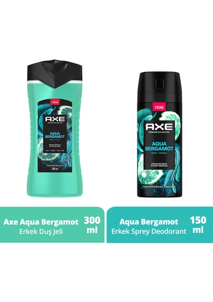 Premium Duş Jeli Aqua Bergamot 3 In 1 300 ml + Axe Erkek Sprey Deodorant Aqua Bergamot 150 ml