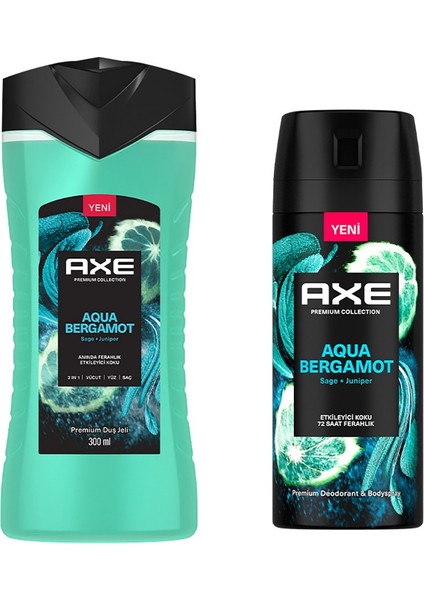 Premium Duş Jeli Aqua Bergamot 3 In 1 300 ml + Axe Erkek Sprey Deodorant Aqua Bergamot 150 ml