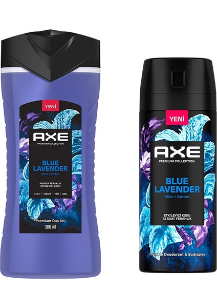 Premium Duş Jeli Blue Lavender 3 In 1 300 ml + Axe Erkek Sprey Deodorant Blue Lavender 150 ml