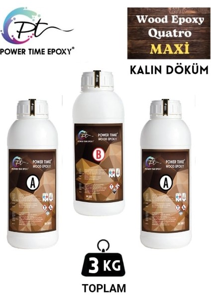 Power Time Epoxy 3 kg Wood Epoxy Quatro Maxi/ Kalın Döküm Şeffaf Epoksi Reçine Sehpa, Masa Için (Yeni)