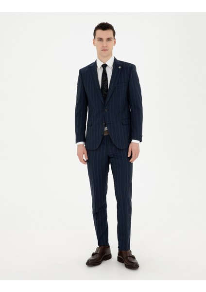 Erkek Lacivert Ex. Slim Fit Çizgili Yün Takım Elbise 50285254-VR033